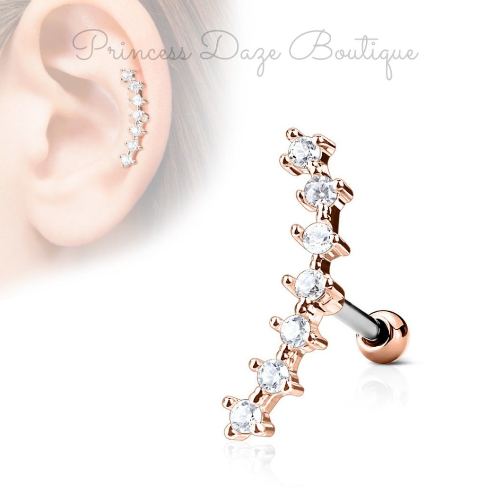 Rose Gold Lined CZ Curve Top Ear Cartilage / Tragus Barbell Stud Earring